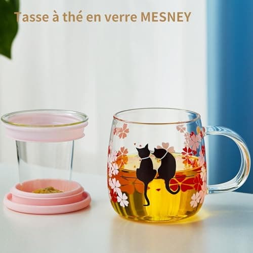 MEISINNI Tasse à Thé Magique Sakura & Chat Bleue pour Femmes, 480 ml Mug Transparent avec Infuseur, Idéale pour Thé en V