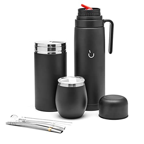 BALIBETOV Yerba Mate Tasse Set pour Hommes et Femmes - Design Moderne, Thermos Acier Inoxydable, Idéal pour le Travail e — Noir