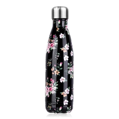 Gourde Inoxydable Isotherme Réutilisable 500ml Fleurs Rouge — Fleurs Noir