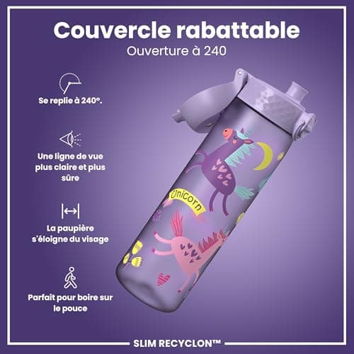 Ion8 Gourde Anti-Fuite Verrouillage Sécurisé 500ml Sans BPA Poignée de Transport Licornes Violet