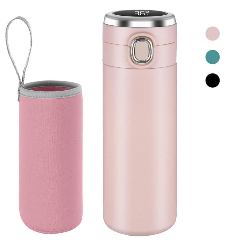 Flintronic Gourde Isotherme 450ML en Acier Inoxydable, Bouteille Isolée avec Indicateur de Température LED, Tasse pour V — #3 Rose-led