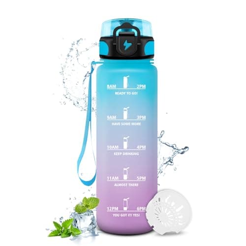 Gourde Enfant 500ml, Bouteille d'eau Étanche et Réutilisable pour Enfants, Gourde Sport avec Filtre et Marqueur de Temps — 17oz-500ml | Bleu + Lilas