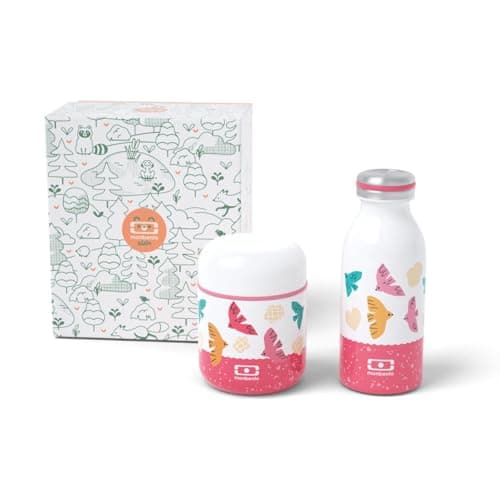 Monbento - Coffret Cadeau Enfant Pratique pour L'école - Idée Cadeau pour Enfant - Boite Goûter Enfant MB Gram Fox — Rose Birds