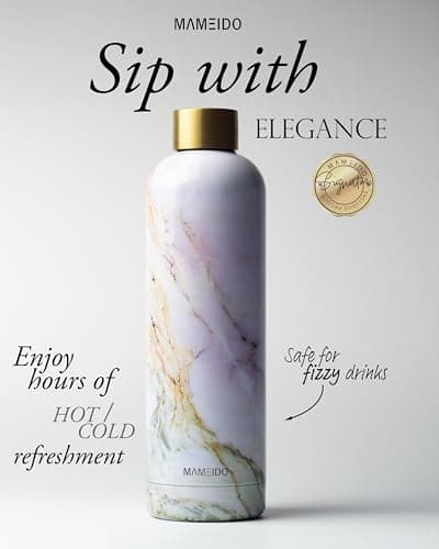 MAMEIDO Gourde Isotherme Pearl Marble Gold - Conserve la fraîcheur 24h & la chaleur 12h, Inoxydable & Sans BPA, 500ml