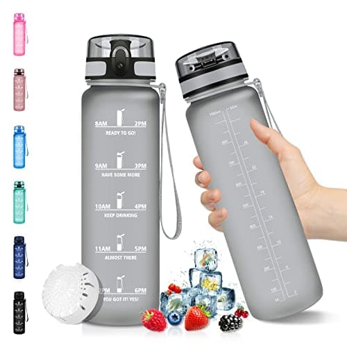 Vikaster Gourde Sport Mat Rose Clair - 500 ML Bouteille d'Eau Sans BPA Étanche & Réutilisable avec Filtre & Marqueur de — 1l Gris