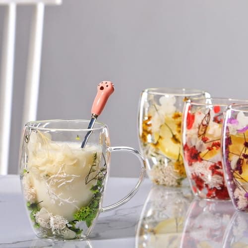 LeKuni Lot de 2 Tasses Double Paroi Rose & Rouge, Pour Cappuccino et Expresso, 350ml Verre Double Paroi, Thé Transparent