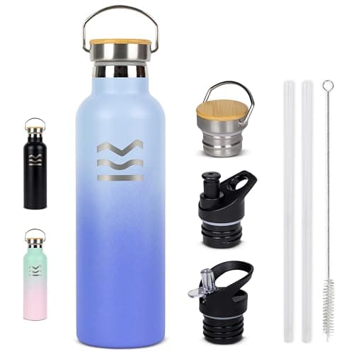 Gourde Isotherme HUIIKE 750ml 12h Chaud/24h Froid, Bouteille Sans BPA avec 3 Bouchons & Paille - Gourde Inox Reutilisabl