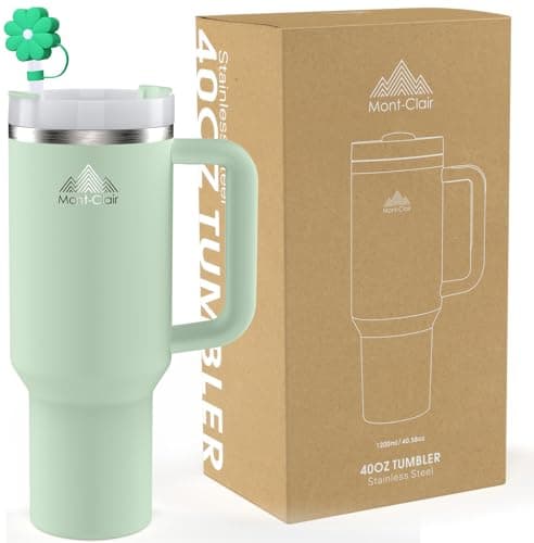 Mont-Clair Tumbler 40oz - Mug Isotherme 10h Chaud / 48h Froid avec Paille - 1200ml Gourde Boissons Poignée — Matcha Vert