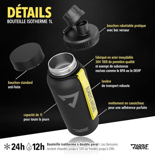 **Gourde Isotherme Inox 1L – Étanche 24H & 12H, Acier Inoxydable Sans BPA – Bouteille pour Sport et Randonnée (Noir, 1 L