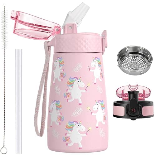 OLDLEY Bouteille d'eau isotherme en acier inoxydable pour enfants avec paille, 2 couvercles différents, 350 ml, sans BPA — Licorne Rose