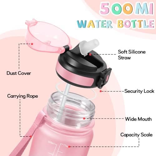 Gourde Enfant 500ml avec Paille Anti Fuite Marque Anti-Dechiffrement pour École Camping Voyage Sports Vélo avec Cadenas