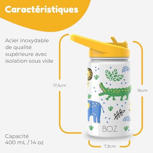 Gourde BOZ Isotherme Enfant 414ML Anti-fuite | Inox Double Paroiisolante & Motif Anti-Rayures Safari, Sans BPA