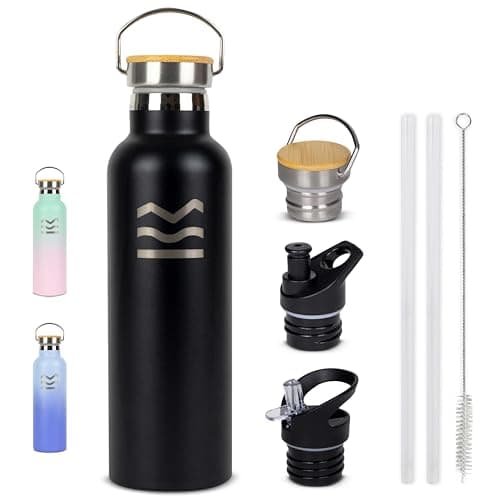 Gourde Isotherme HUIIKE 750ml 12h Chaud/24h Froid, Bouteille Sans BPA avec 3 Bouchons & Paille - Gourde Inox Reutilisabl — Noir