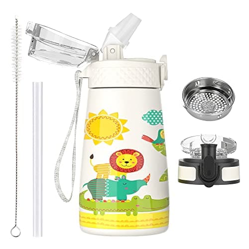 OLDLEY Bouteille d'eau isotherme en acier inoxydable pour enfants avec paille, 2 couvercles différents, 350 ml, sans BPA — Zoo