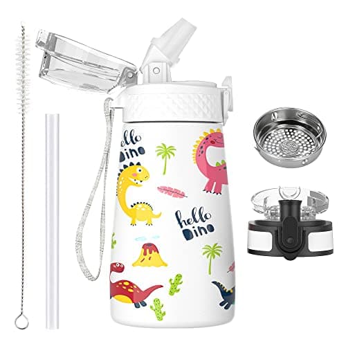OLDLEY Bouteille d'eau isotherme en acier inoxydable pour enfants avec paille, 2 couvercles différents, 350 ml, sans BPA — Dinosaure Blanc