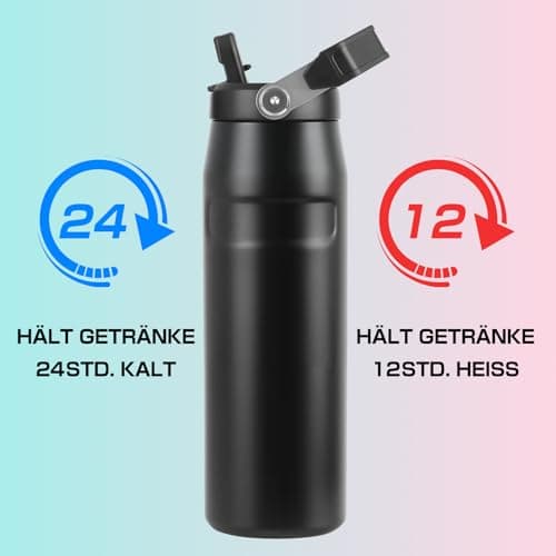 Gourde Isotherme Inox Sans BPA à Double Paroi Noir pour Adultes, Sport et Bureau Anti-Fuite Grande Capacité 720ml