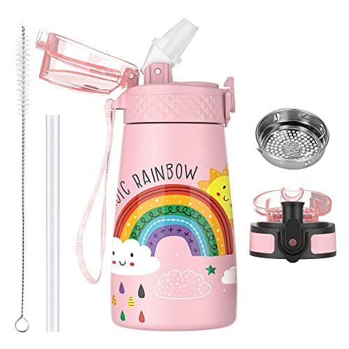 OLDLEY Bouteille d'eau isotherme en acier inoxydable pour enfants avec paille, 2 couvercles différents, 350 ml, sans BPA