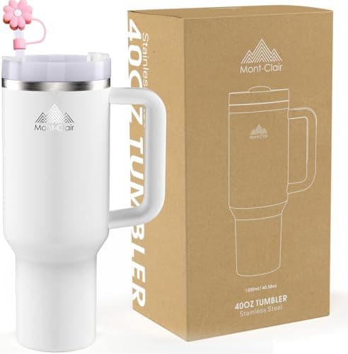 Mont-Clair Tumbler 1200ml - Gourde Isotherme 40oz avec Paille & Couvercle Poignée - 10h Chaud / 48h Froid - Mug pour Boi — Blanc Givré