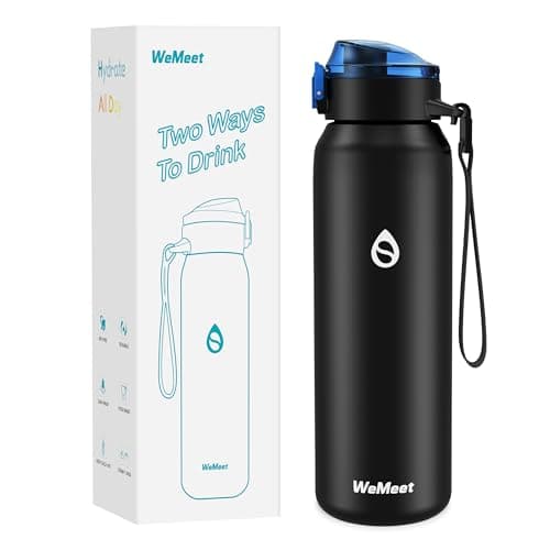 Gourde WEMEET Isotherme 1L pour Sport et Voyage, Étanche sans BPA, Gourde Inox 18/10 Amovible Paille — Noir