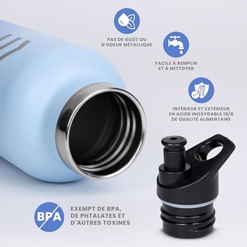 Gourde Isotherme HUIIKE 750ml 12h Chaud/24h Froid, Bouteille Sans BPA avec 3 Bouchons & Paille - Gourde Inox Reutilisabl