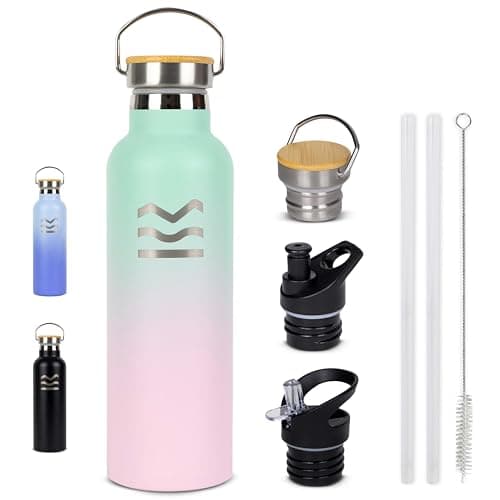 Gourde Isotherme HUIIKE 750ml 12h Chaud/24h Froid, Bouteille Sans BPA avec 3 Bouchons & Paille - Gourde Inox Reutilisabl — Rose