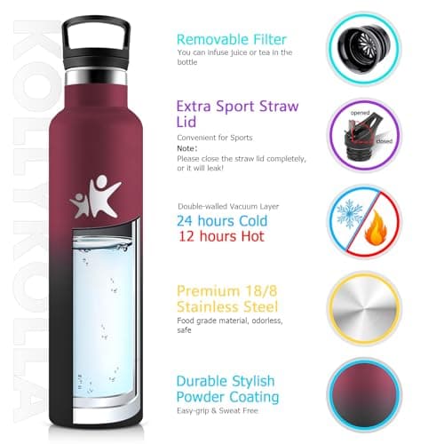 Gourde Isotherme KollyKolla 1L Acier Inoxydable Étanche Réutilisable sans BPA Gourde Sport Enfant Adulte