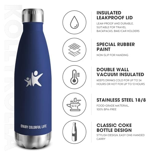 KollyKolla Gourde Inox Isotherme 350ml 500ml 650ml 750ml, Bouteille d'eau Acier Inoxydable à Double Paroi Sans BPA Etanc