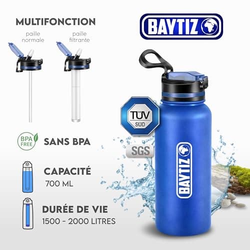 Baytiz® Gourde Filtrante Isotherme - Voyageurs et Randonneurs - Camping et Trekking - Filtration et Isolation Garanties