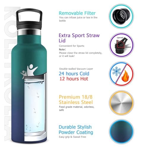 KollyKolla Gourde Isotherme Enfant 500ml, Bouteille Acier Inoxydable Étanche Réutilisable, sans BPA, Gourde Paille, Bout
