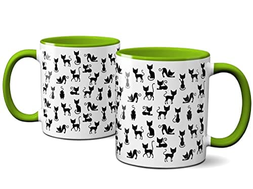 Tasse à café avec chat noir - Céramique 325 ml - Vert clair - Impression complète