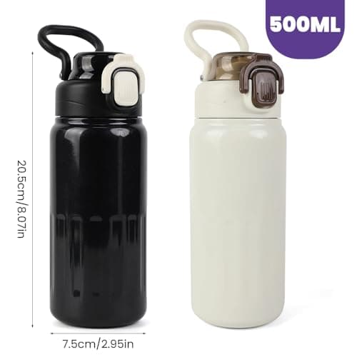Gourde Isolée 500ml avec Paille - Bouteille Inox Isotherme pour Sport, Randonnée et Bureau (Noir)