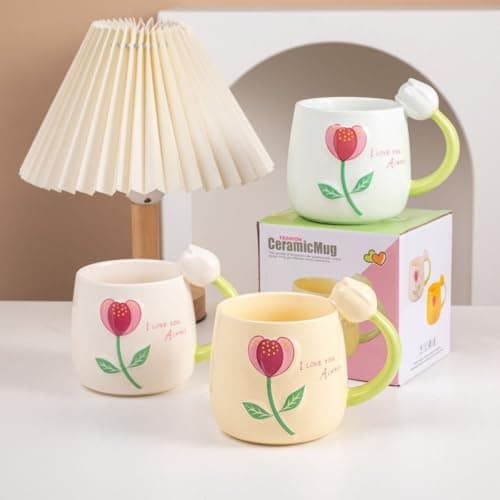 VollfitYYu Tasse à café mignonne - Motif tulipe - En porcelaine - Pour femmes amateurs de fleurs - Fête des mères, Noël,