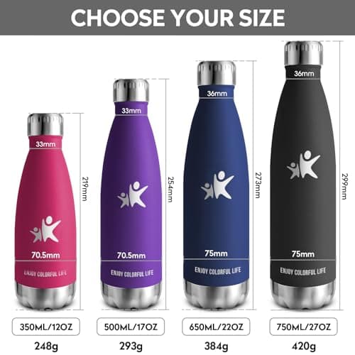 Gourde Inox Isotherme Double Paroi sans BPA - 350/500/650/750ml, Bouteille Étanche Anti-Fuite pour Sport, Gym & École (K