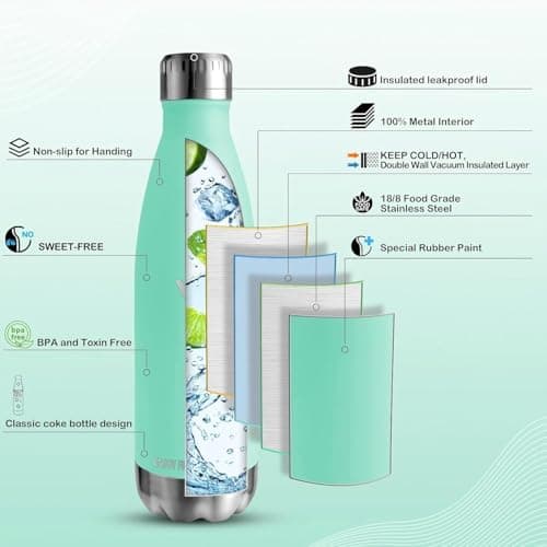 Gourde Isotherme 500ML - Gourde Inox sans BPA Réutilisable, Bouteille pour Running, École et Bureau avec Revêtement en P
