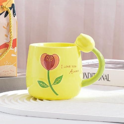 VollfitYYu Tasse à café mignonne - Motif tulipe - En porcelaine - Pour femmes amateurs de fleurs - Fête des mères, Noël, — Jaune