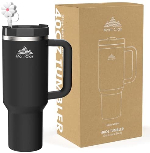 Mont-Clair Tumbler 1200ml - Gourde Isotherme 40oz avec Paille & Couvercle Poignée - 10h Chaud / 48h Froid - Mug pour Boi — Noir