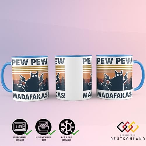 OM3 Pew Pew Madafakas - Tasse à café en céramique - Bleu clair - 325 ml - Imprimé des deux côtés