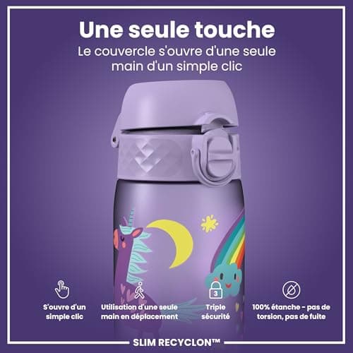 Ion8 Gourde Anti-Fuite Verrouillage Sécurisé 500ml Sans BPA Poignée de Transport Licornes Violet