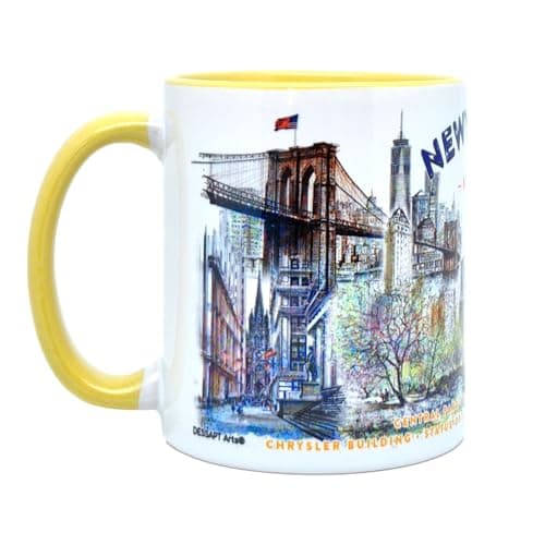 DESSAPT Arts - Mug Céramique Blanc et Jaune Clair - Nouveau Yorkavec Design Exclusif - Cadeau Unique - 325 ml