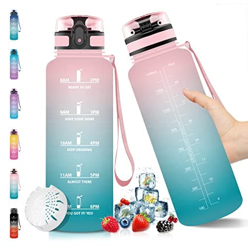 Vikaster Gourde Sport Mat Rose Clair - 500 ML Bouteille d'Eau Sans BPA Étanche & Réutilisable avec Filtre & Marqueur de — Rose & Cyan -1.5l