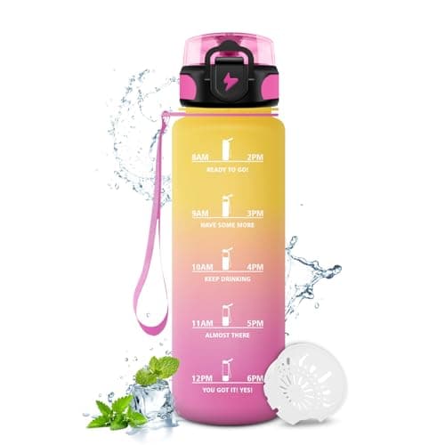 Gourde Enfant 500ml, Bouteille d'eau Étanche et Réutilisable pour Enfants, Gourde Sport avec Filtre et Marqueur de Temps — 32oz-1000ml | Jaune + Rose