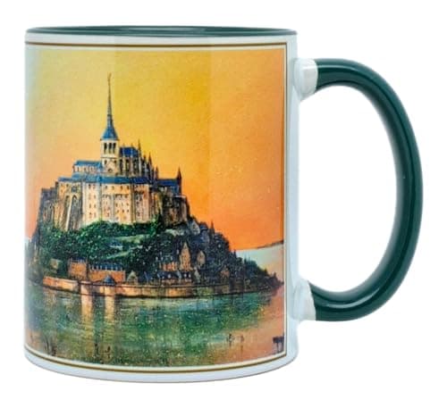 DESSAPT Arts - Mug de Mont Saint-Michel 325 ml en Céramique - Tasse-Cadeau Unique avec Paysages Magnifiques - Blanc et V