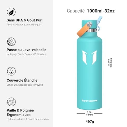 Super Sparrow Gourde Isotherme - Bouteille Isotherme - 500ml - Gourde Étanche et Réversible pour Sport et Bureau - Gourd