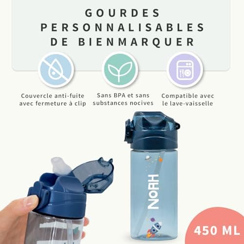 BIENMARQUER - Gourde Personnalisable pour Enfants - Idéale pour l'Ecole et le Jogging - Résistante aux chocs et lavable