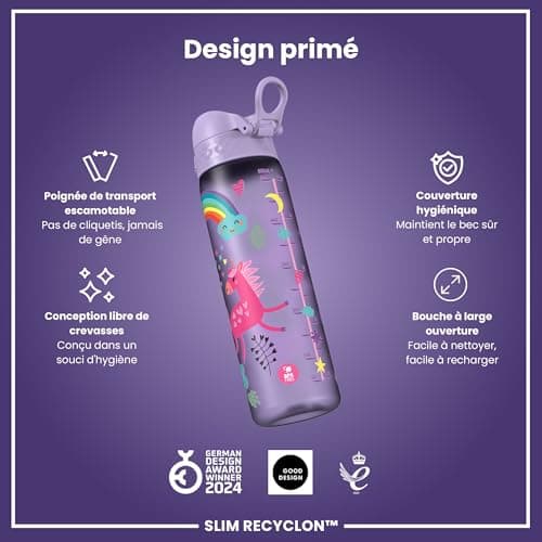Ion8 Gourde Anti-Fuite Verrouillage Sécurisé 500ml Sans BPA Poignée de Transport Licornes Violet