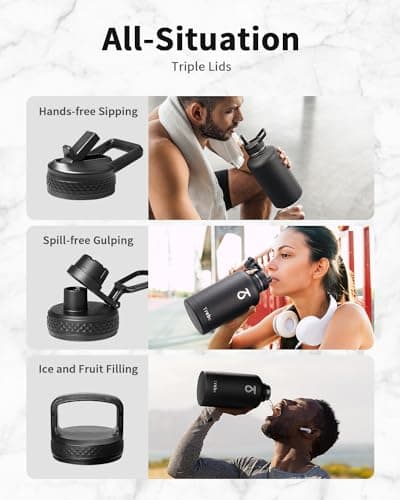 Grand 1800 ml Thermos en acier inoxydable triple paroi, bouteille isotherme pour sport 24h chaud/48h froid, 3 couvercles
