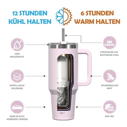 Gourde Isotherme BIGRD 1,2L Acier Inoxydable 304 Rose - Double Isolation - Pour Sport et Randonnée - 100% Étanche Sans B