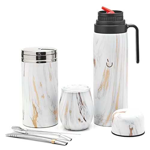 BALIBETOV Yerba Mate Tasse Set pour Hommes et Femmes - Design Moderne, Thermos Acier Inoxydable, Idéal pour le Travail e — Marbre D'or
