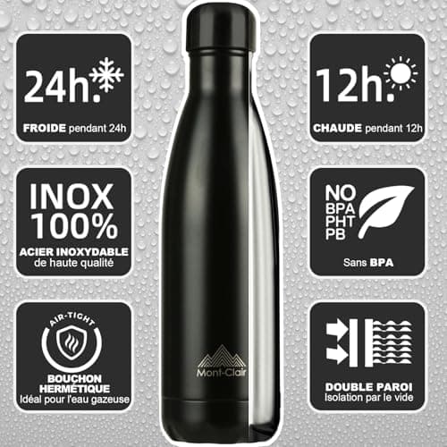 [g++]Mont-Clair l'O Gourde isotherme - Bouteille d'eau isotherme sans BPA - Gourde inoxydable 500ML - 24h froid & 12h ch