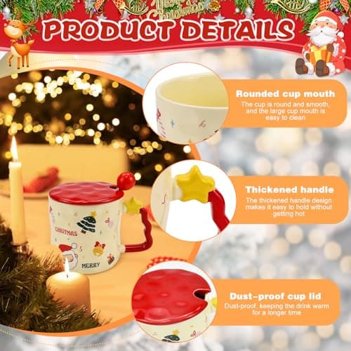 ADERTOS Tasses à Café et Thé en Céramique Père Noël Kawaii - Couvercle Inclus - Idéal en Occasions Spéciales - 4 Tasses